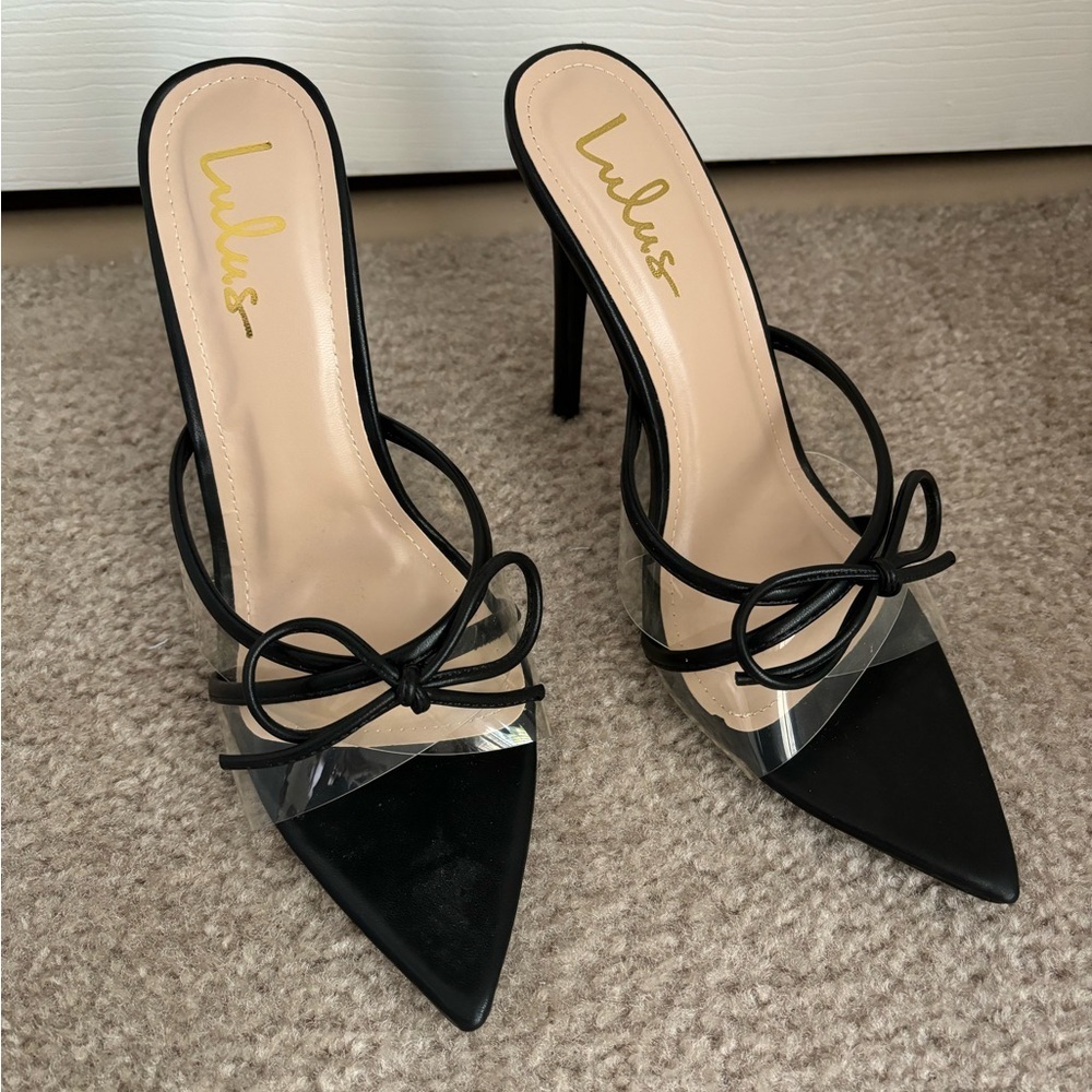 NWOT Lulus Haxy Black Vinyl Pointed-Toe Bow High Heel Sandals - Picture 5 of 14